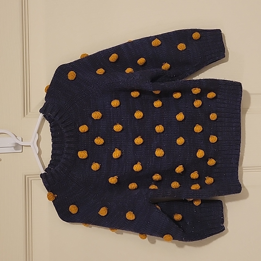 Kids' Navy Sweater with Mustard Yellow Pom Poms